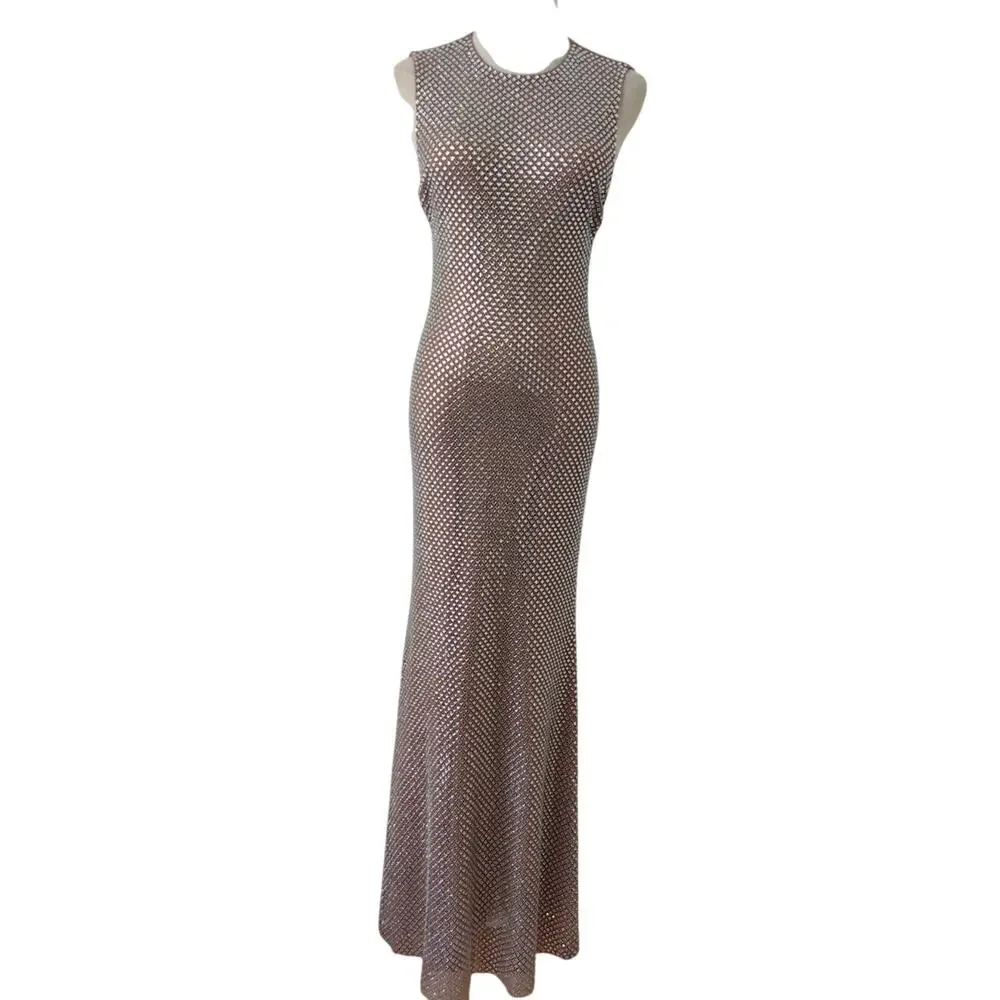 Self-Portrait Silver Rhinestone Mesh Midi Dress US 6 - Picture 6 of 11